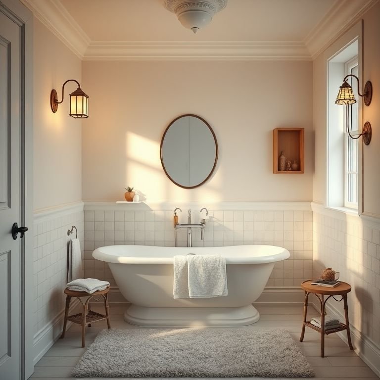 Iluminação aconchegante em um banheiro retrô.