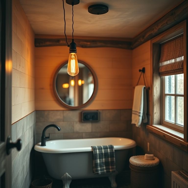 Iluminação aconchegante em um banheiro rústico moderno com luz pendente.