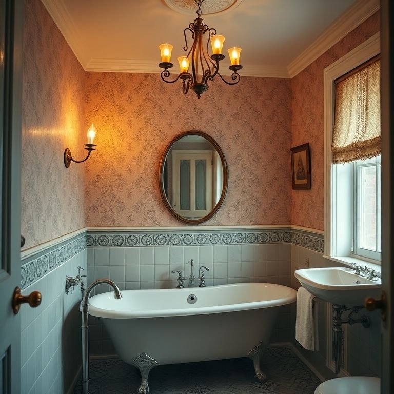 Iluminação aconchegante no banheiro vintage.