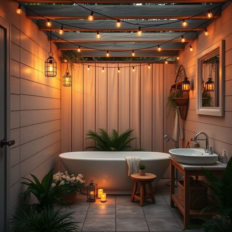 Iluminação aconchegante para um banheiro externo.