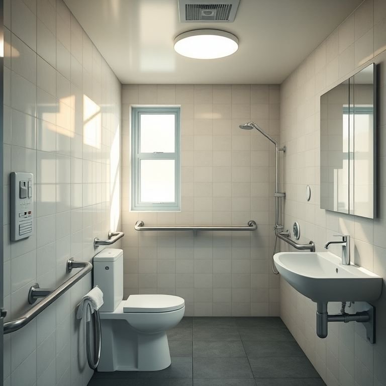 Iluminação adequada em banheiro adaptado para maior segurança e conforto.