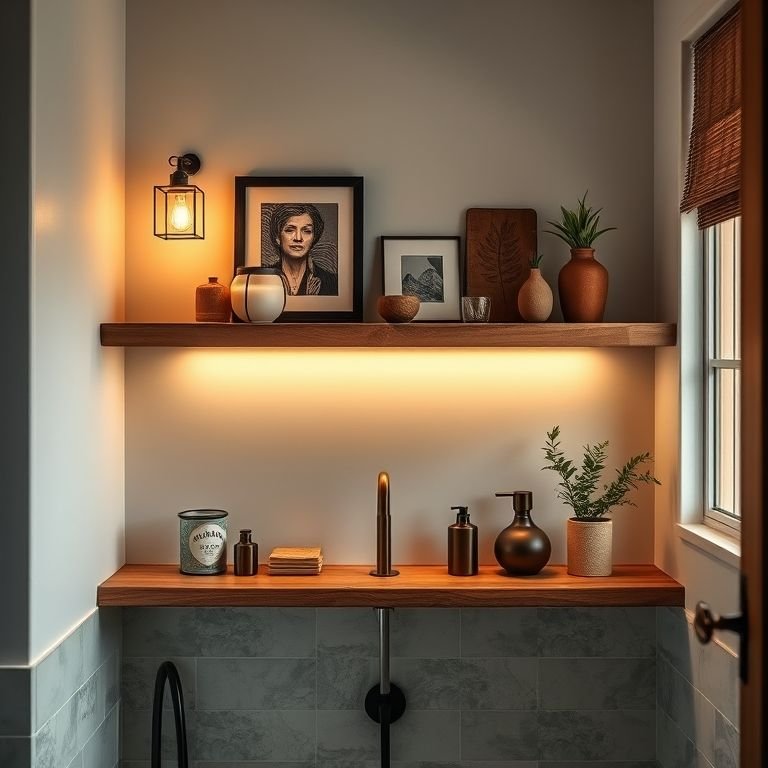 Iluminação de destaque valorizando a decoração do banheiro.