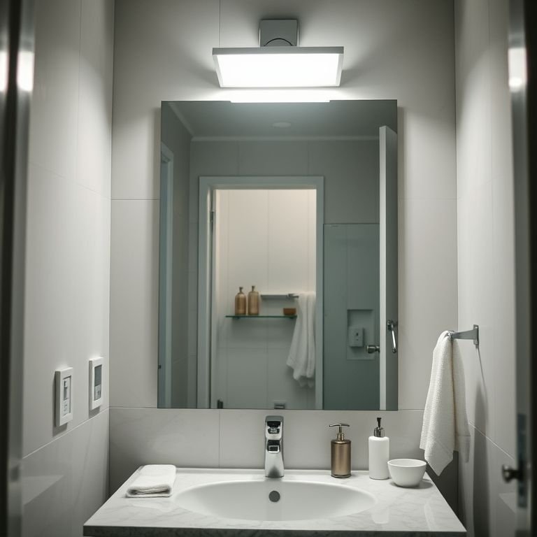 Iluminação de tarefa focada na área da bancada do banheiro.