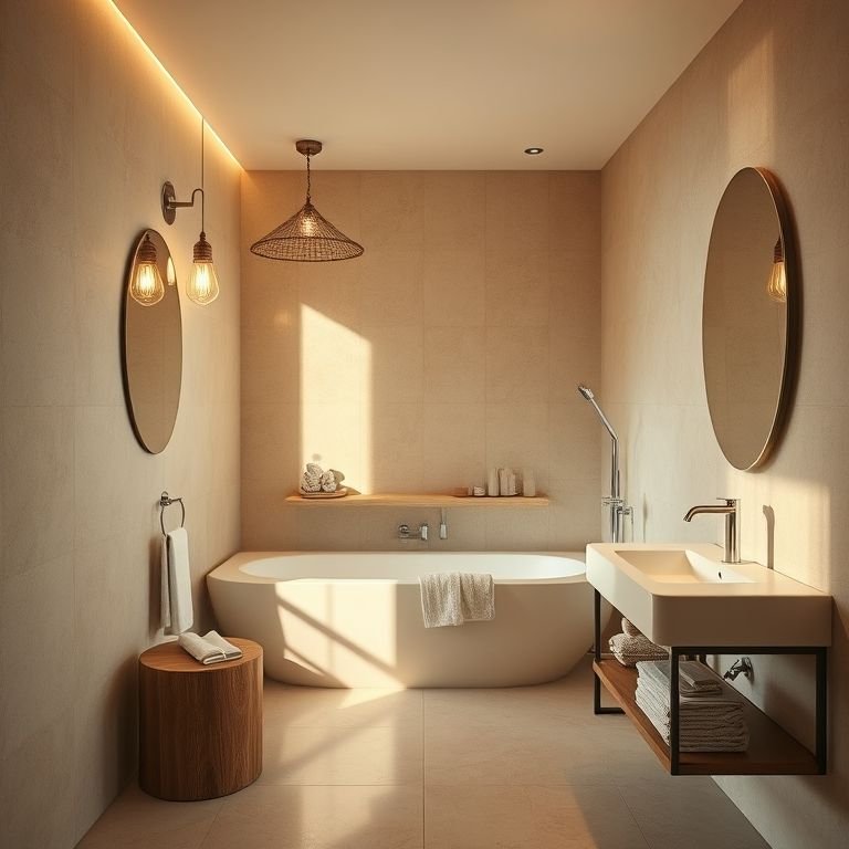 Iluminação estratégica em banheiro bege Bahia.