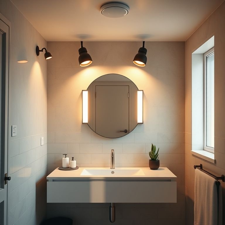 Iluminação estratégica em banheiro com banheira e chuveiro separados.