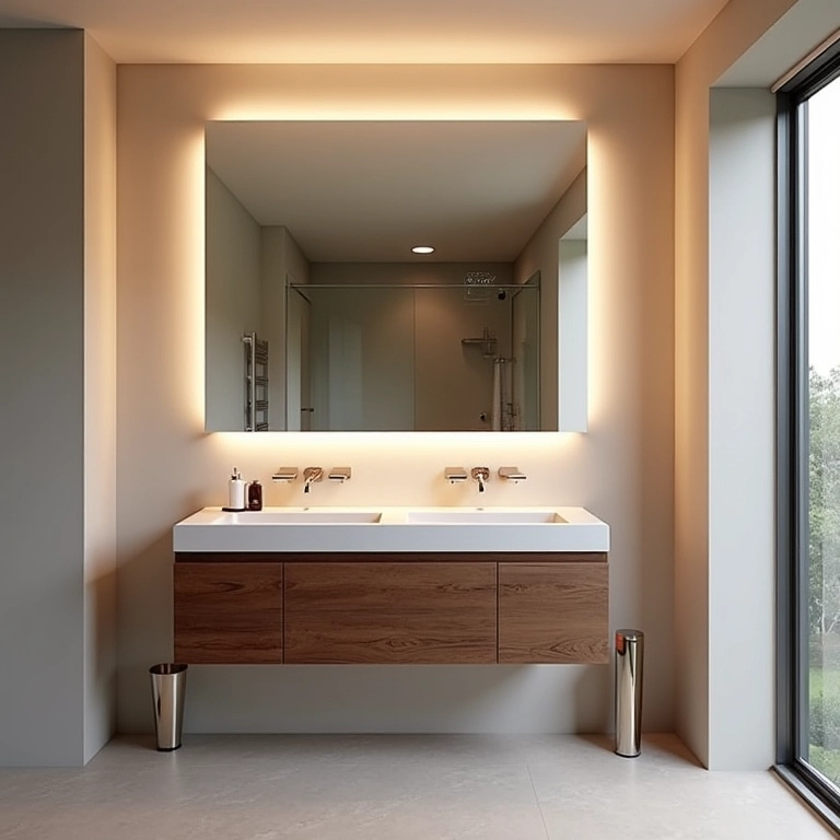 Iluminação estratégica em banheiro quadrado