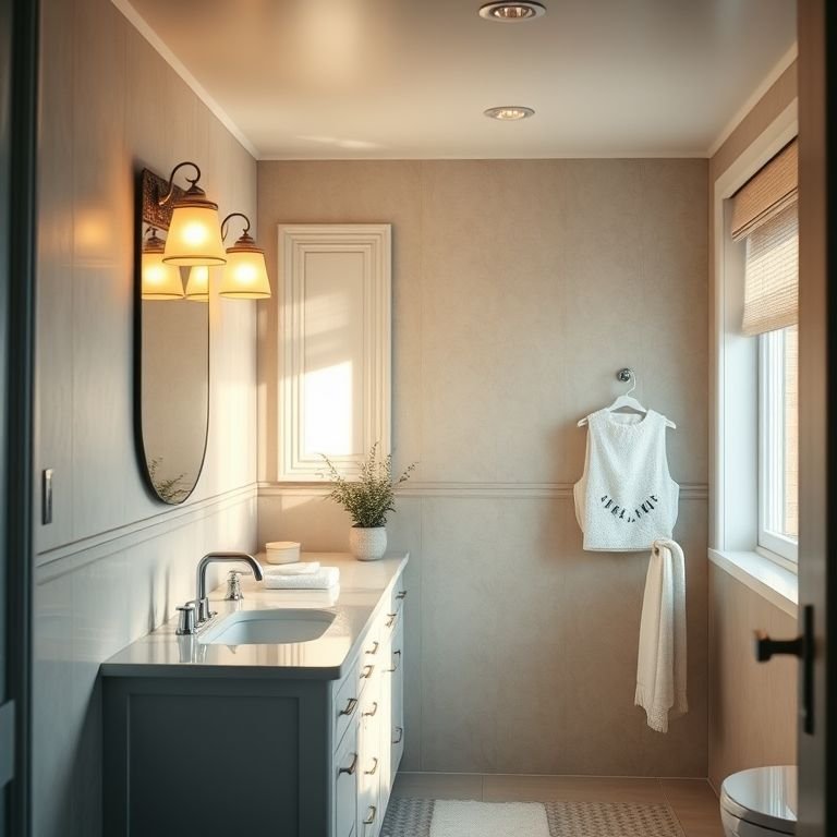 Iluminação estratégica em um banheiro americano acolhedor.
