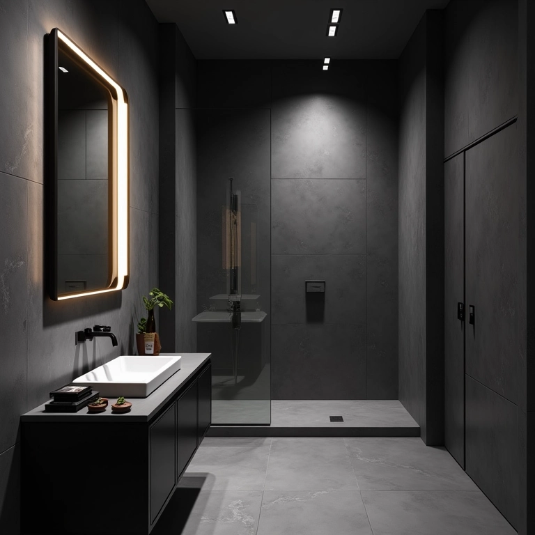 Iluminação estratégica em um banheiro cinza e preto, com luzes LED e spots direcionáveis.