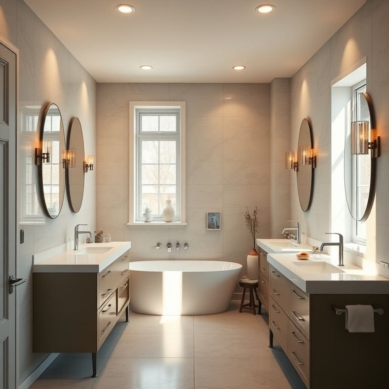 Iluminação estratégica em um banheiro moderno e acolhedor.