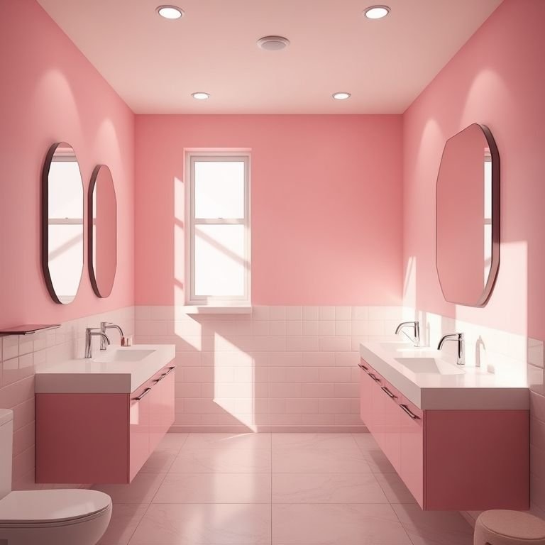 Iluminação estratégica em um banheiro rosa acolhedor.