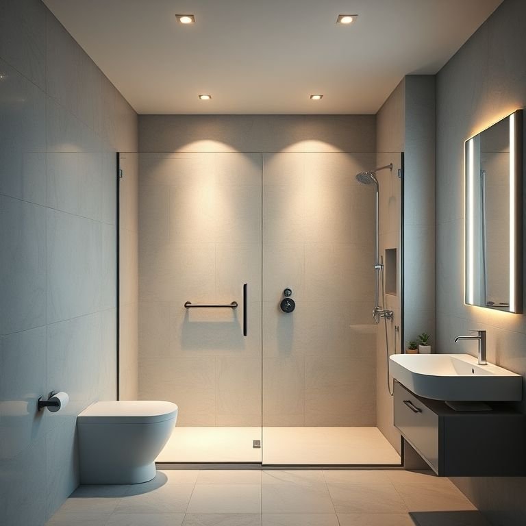 Iluminação estratégica valorizando o box e o ambiente do banheiro.