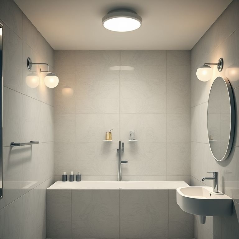 Iluminação geral em banheiro com luz suave e difusa.