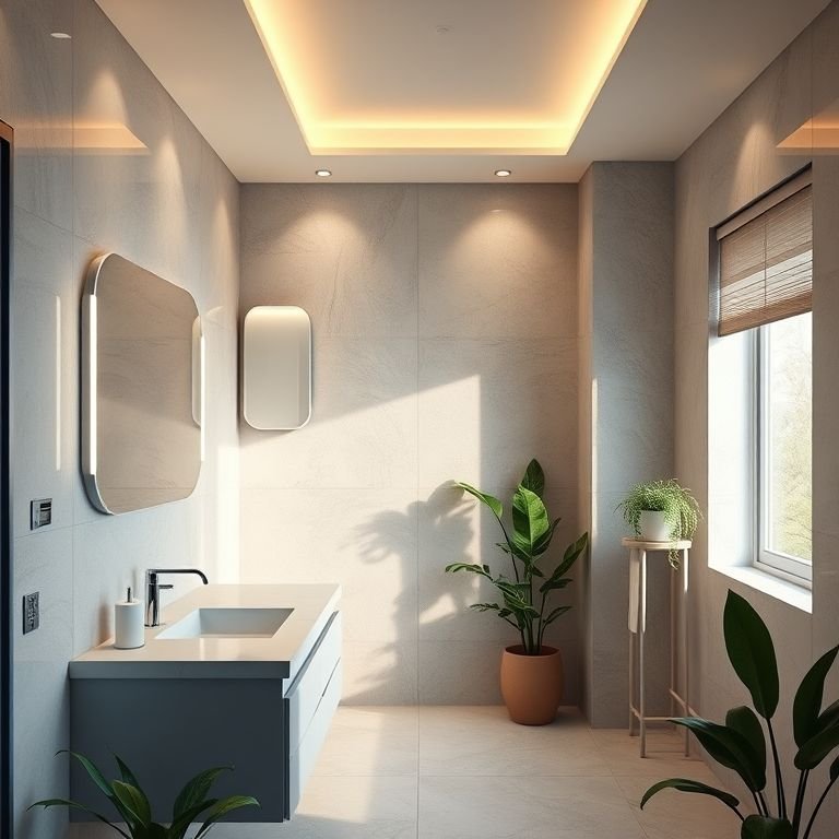 Iluminação ideal em banheiro com luz natural e luzes embutidas.