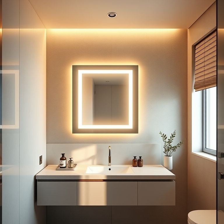 Iluminação ideal para banheiro: espelho com LED, luzes embutidas e tons quentes.