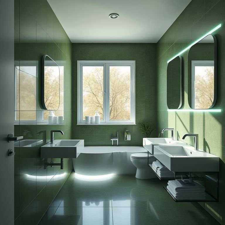 Iluminação ideal para realçar a cor verde no banheiro, criando um ambiente acolhedor.