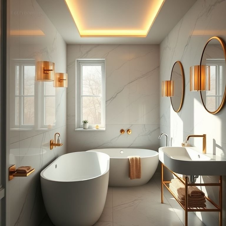 Iluminação ideal para um banheiro com detalhes dourados.