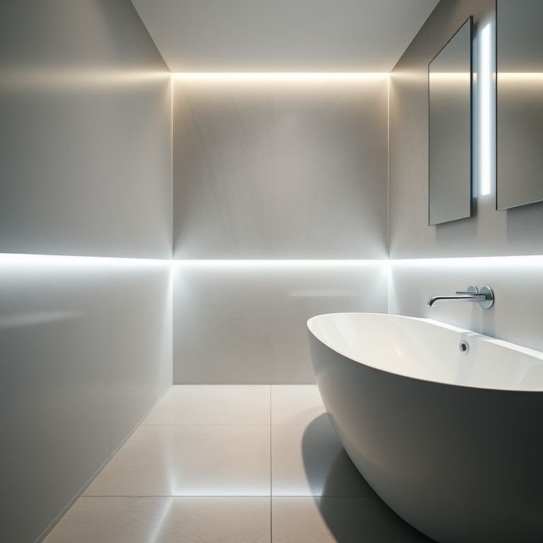 Iluminação LED sutil iluminando o rodapé de um banheiro contemporâneo.