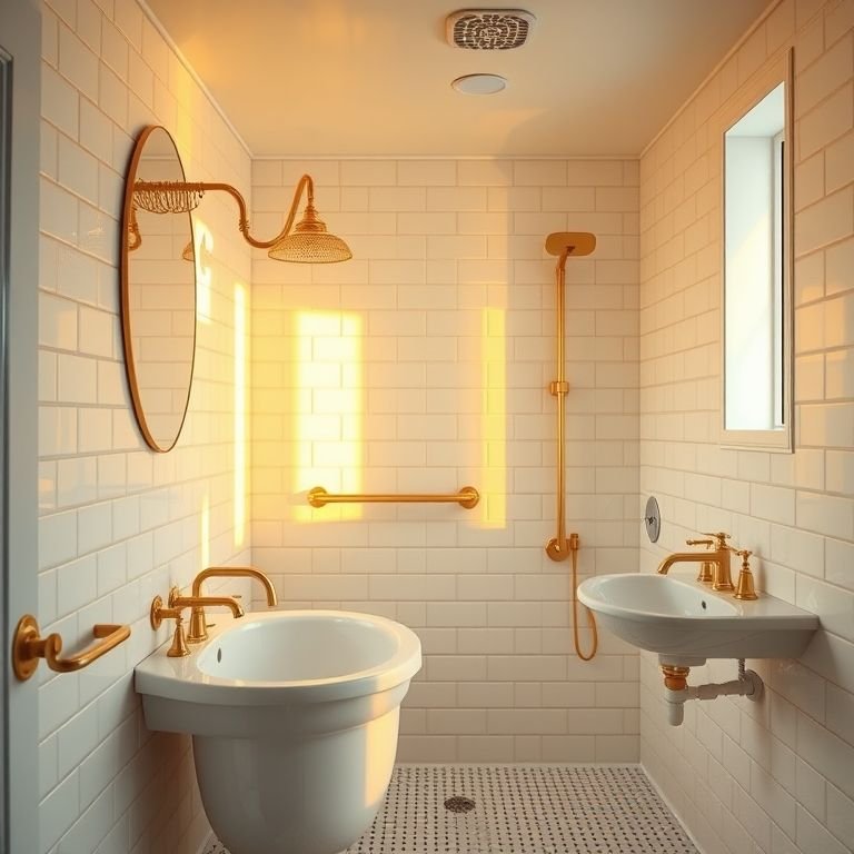 Iluminação valorizando os detalhes dourados em um banheiro branco.