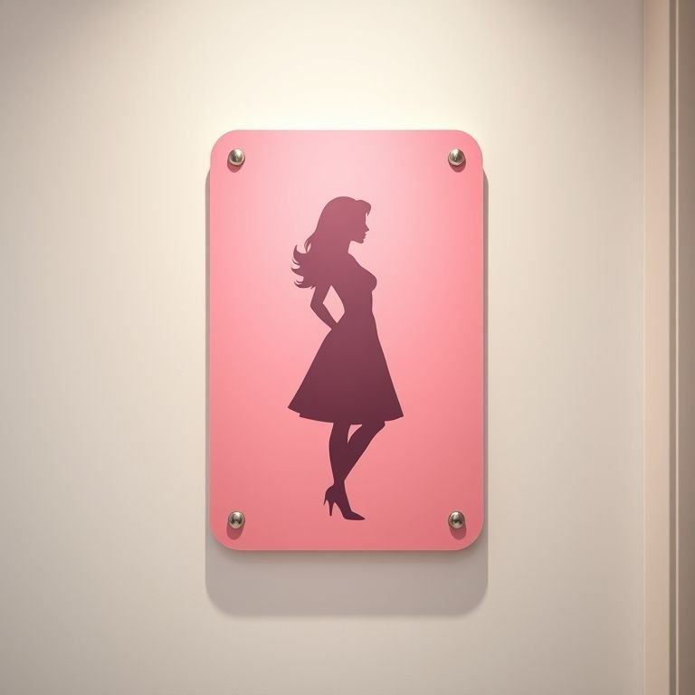 Ilustração delicada de uma silhueta feminina em placa de banheiro rosa.