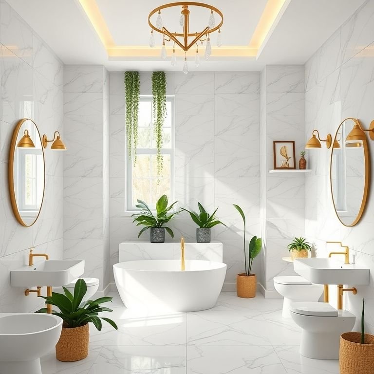 Inspirações de banheiros brancos e dourados com diferentes estilos.