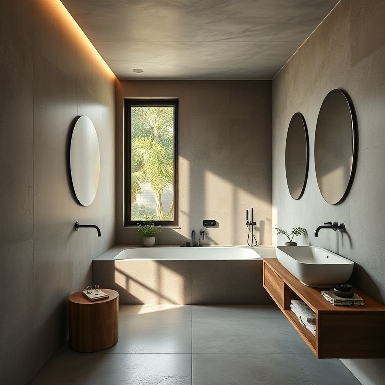 Integração de cimento queimado com madeira em banheiro.