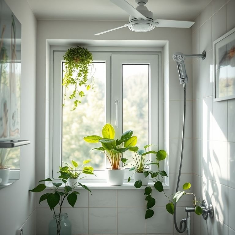 Janela de banheiro com plantas, enfatizando a ventilação e a circulação do ar.