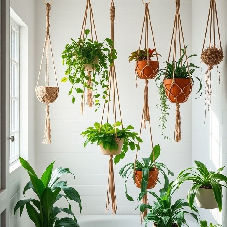 Jardim suspenso em banheiro com decoração Farm Rio.