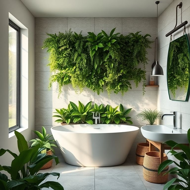 Jardim vertical exuberante em banheiro com decoração moderna brasileira.
