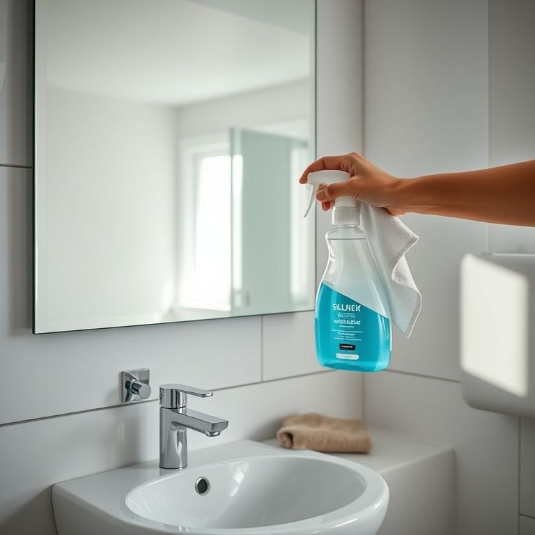 Limpeza do espelho e da pia do banheiro com limpa-vidros e pano.