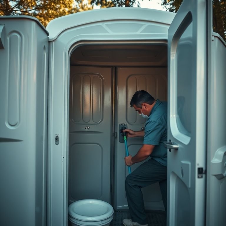 Limpeza profissional de um banheiro químico portátil.