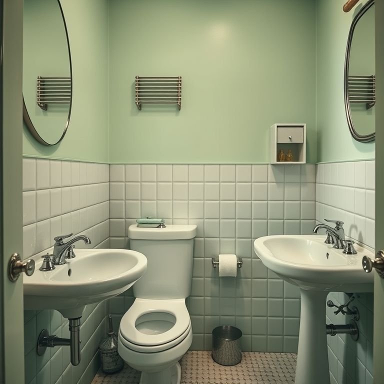 Louças e metais com design retrô em banheiro vintage.