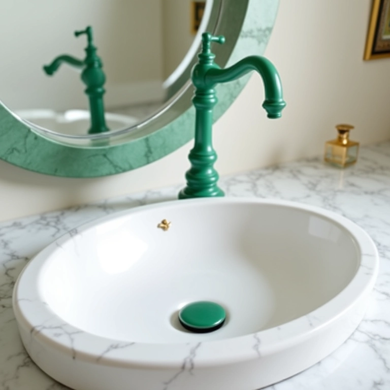 Louças e metais elegantes em banheiro verde e branco.