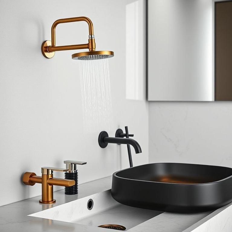 Louças e metais modernos para banheiro: torneiras, chuveiros e pias.