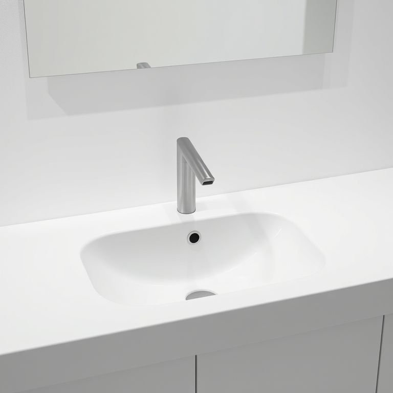 Louças e metais modernos para um banheiro branco e cinza, com design clean.