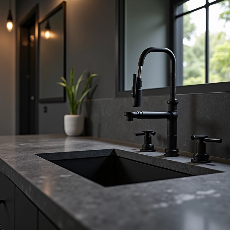 Louças e metais pretos em um banheiro cinza e preto com toques modernos e iluminação natural.