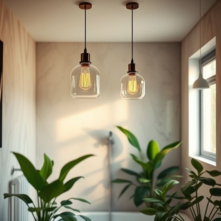 Luminárias de vidro pendentes iluminando banheiro moderno com plantas.