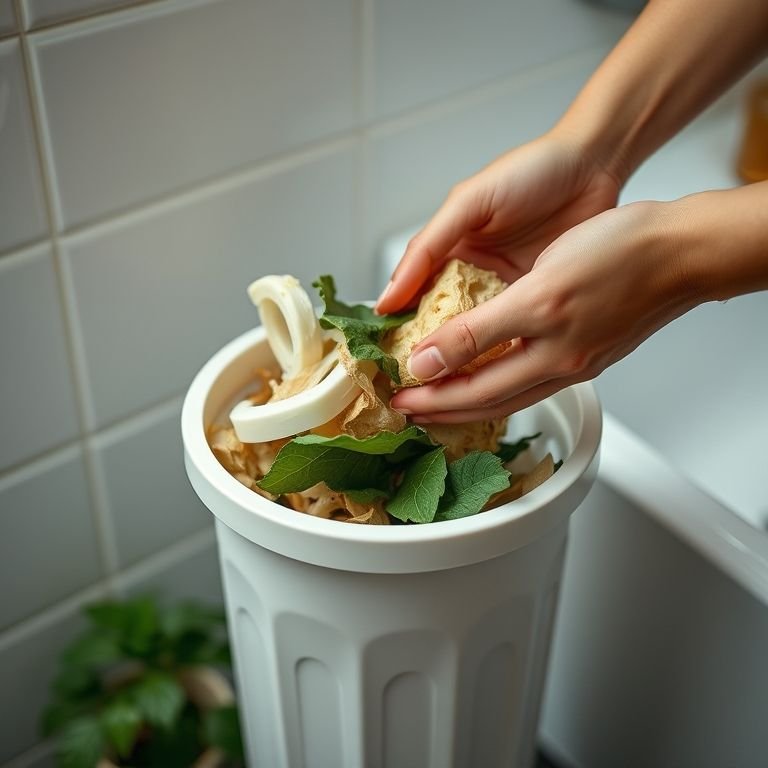 Mãos compostando resíduos orgânicos de um banheiro.