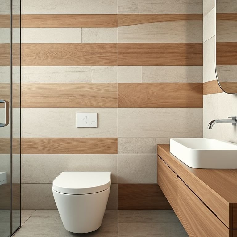 Materiais para banheiro: azulejos, madeira e pedra.