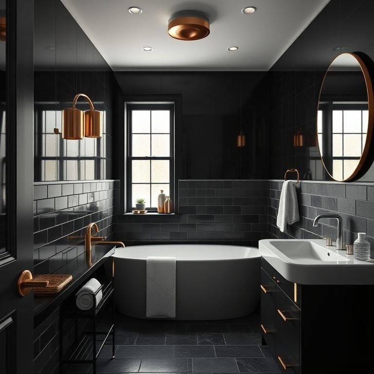 Metais dourados em um banheiro preto.