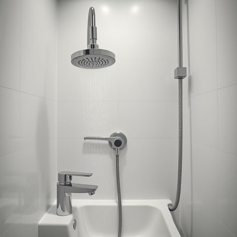 Metais e acessórios modernos em banheiro pequeno.