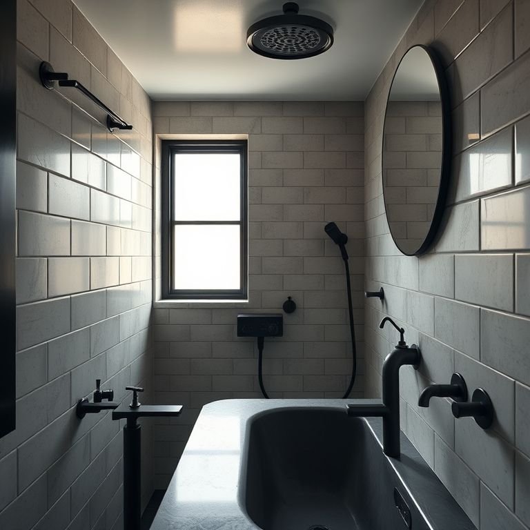 Metais em tons escuros no banheiro industrial.