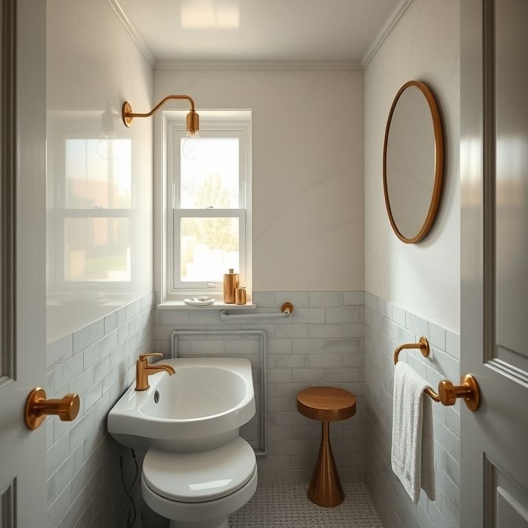 Metais nobres (dourado, cobre) em um banheiro pequeno, adicionando luxo.