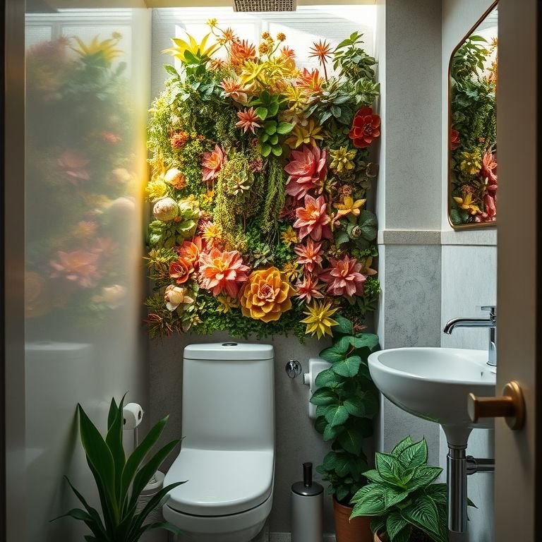 Mini jardim vertical em banheiro pequeno, com suculentas variadas.