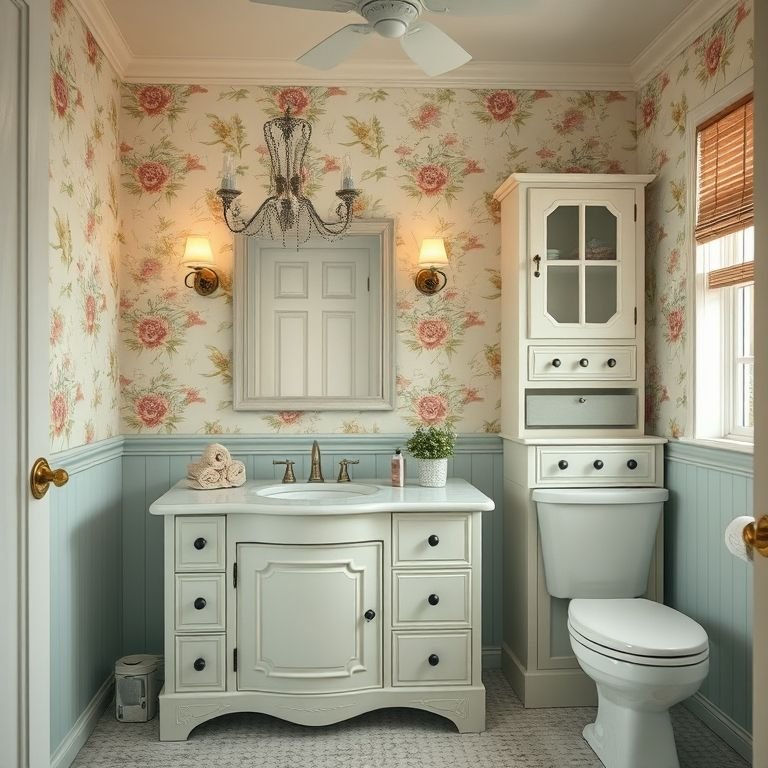 Móveis com toque vintage em um banheiro retrô.
