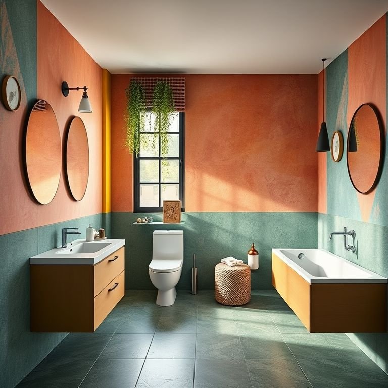 Móveis de banheiro com cores e texturas vibrantes em casa brasileira moderna.