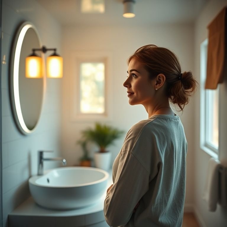 Mulher ajustando a temperatura da cor da iluminação LED em um banheiro versátil.