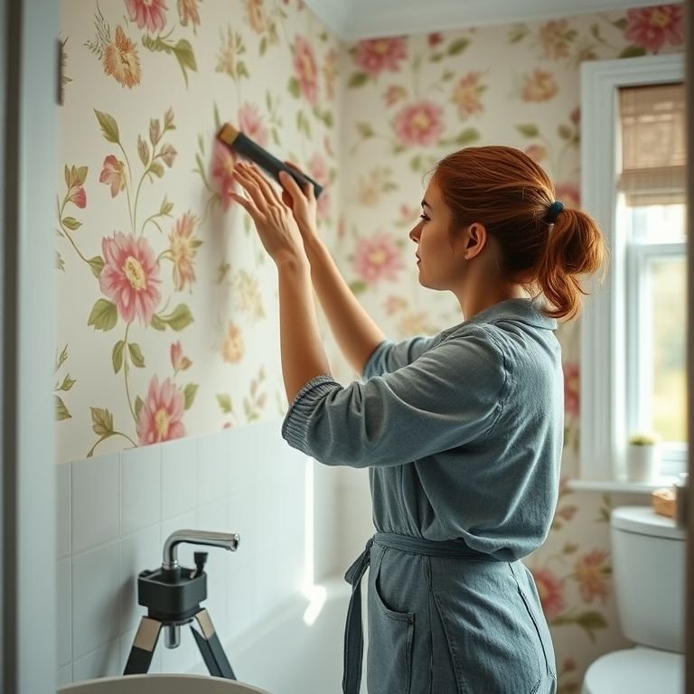 Mulher aplicando papel de parede floral em banheiro.