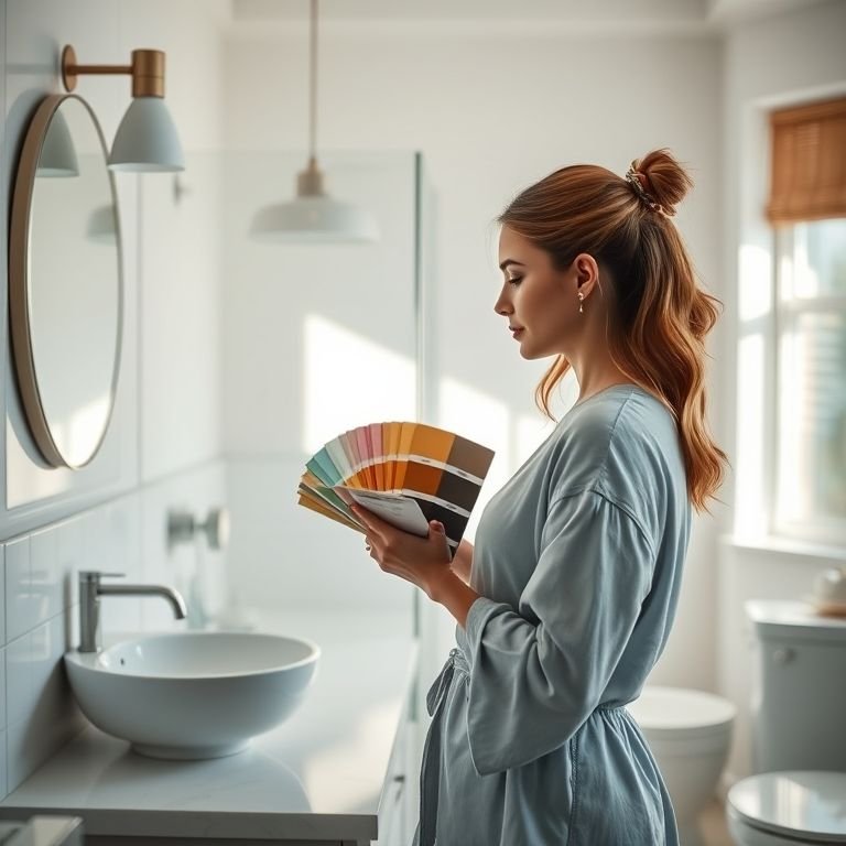 Mulher escolhendo a cor certa para o banheiro com amostras de tinta.