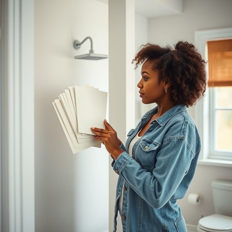 Mulher escolhendo amostras de tinta off white para o banheiro.