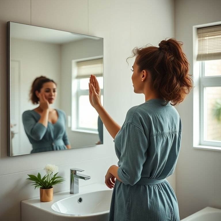 Mulher escolhendo o tamanho ideal do espelho para o banheiro.